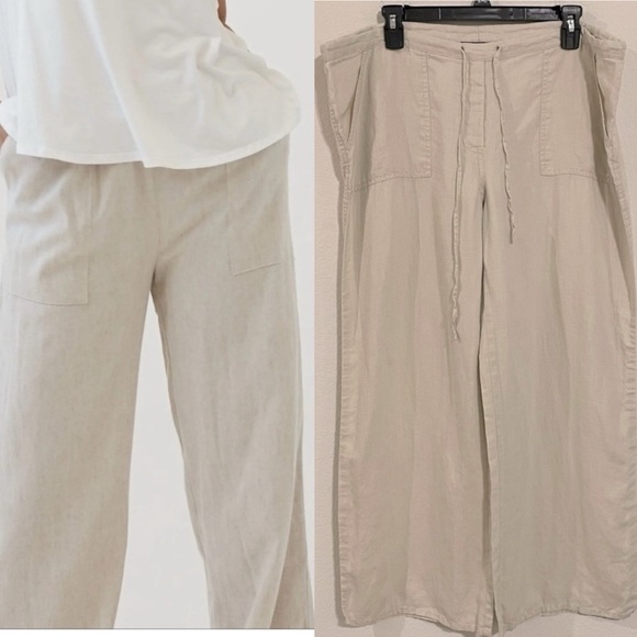 Venus Women Linen Pants Large Tan Khaki Coastal Grandma Preppy  Contemporary - Picture 1 of 14